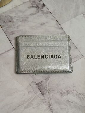 Balenciaga Authentic Metallic Silver Leather Card Case